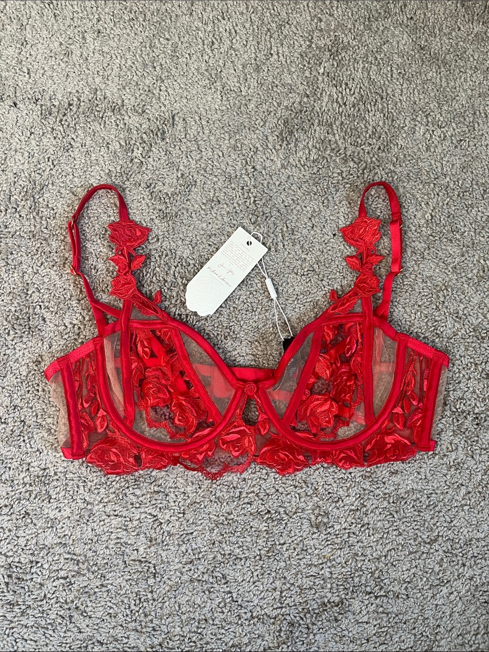 For Love and Lemons Intimates Romantic Roses Red Balconette Bra Medium Sheer NWT